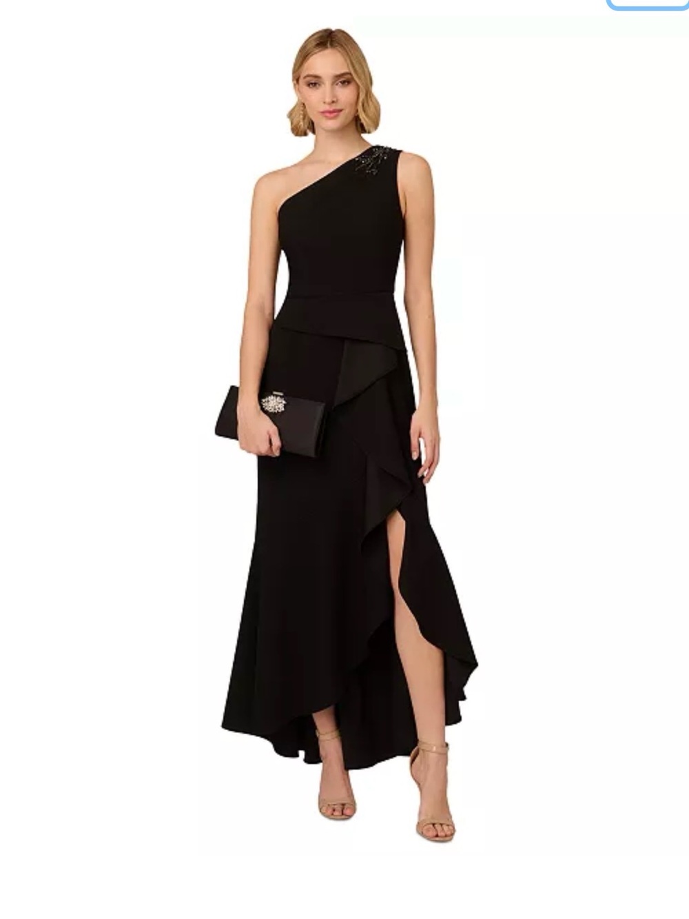 Adrianna Papell Black One-Shoulder Ruffle Gown
